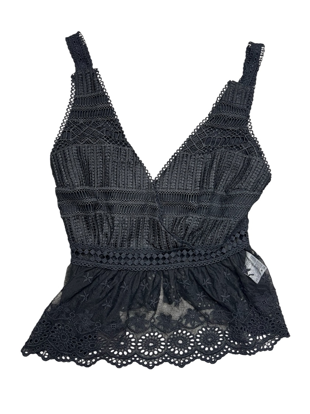 Foxiedox Black Lace Crochet Romantic Boho Coquette Tank Top